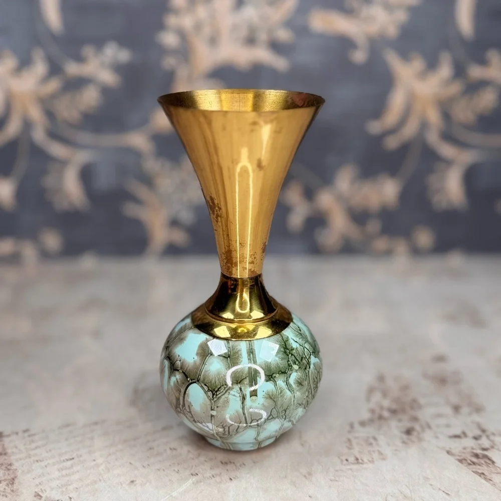 Vintage Hand Painted Delft Holland Vase Brass & Marbled Base